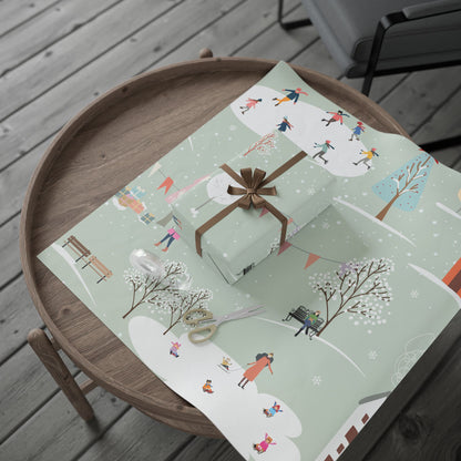 Winter Village Pattern Wrapping Paper | Holiday Snow Scene Roll