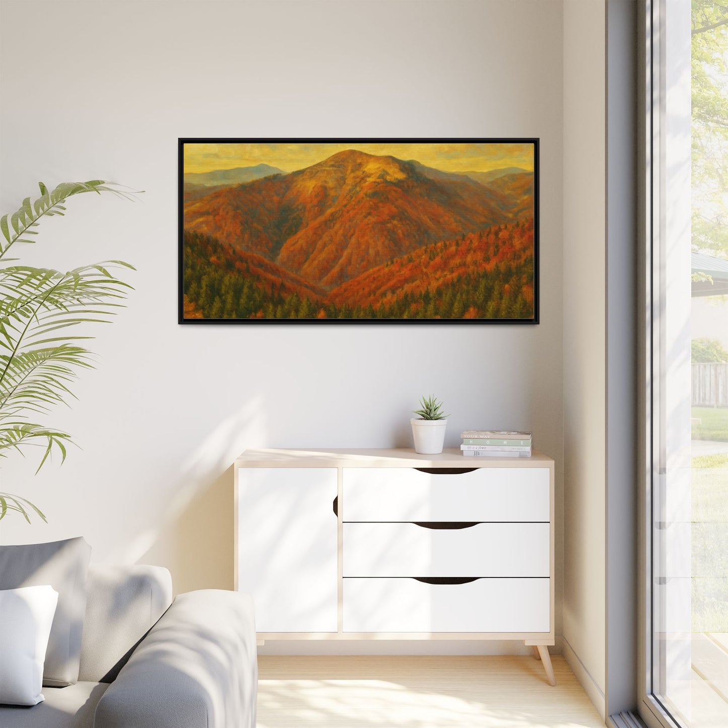 Autumn mountain landscape canvas wall art by Printify featuring a matte framed print of scenic mountain scenery.