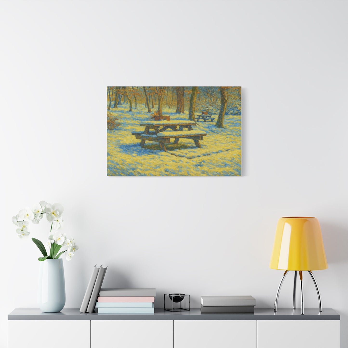 Winter picnic canvas print featuring a snow-covered park bench wall art by Printify, suitable for cozy seasonal decor.