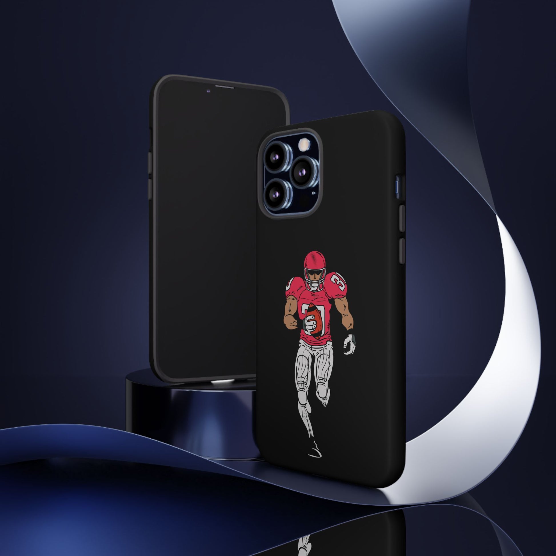 Black football player tough phone case for iPhone by Printify, featuring sports-themed protective design with a football player graphic.