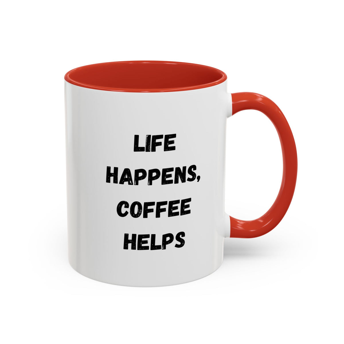 Black ceramic mug with "Life Happens Coffee Helps" text, 11oz and 15oz sizes, with a black handle and rim, by Printify.