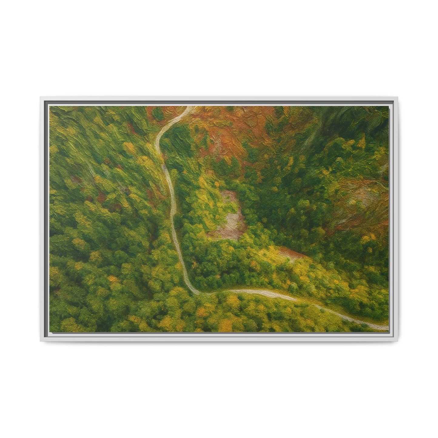 Colorful framed matte canvas wall art featuring an aerial view of a forest path landscape by Printify.