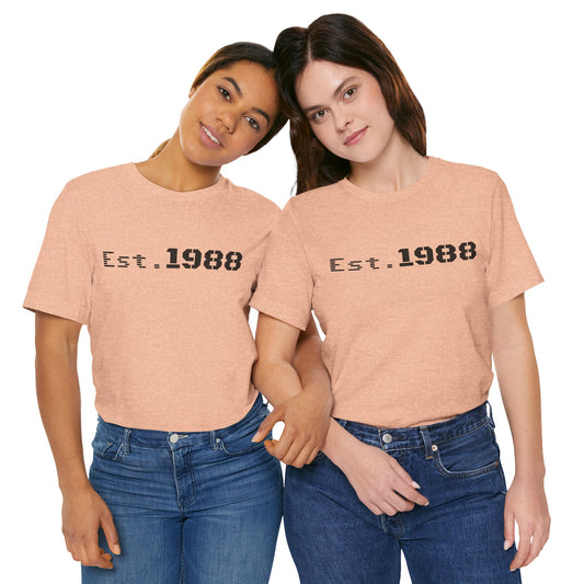 Printify Est. 1988 Retro Logo T-shirt featuring vintage-style logo on soft cotton fabric, casual and comfortable for everyday wear.