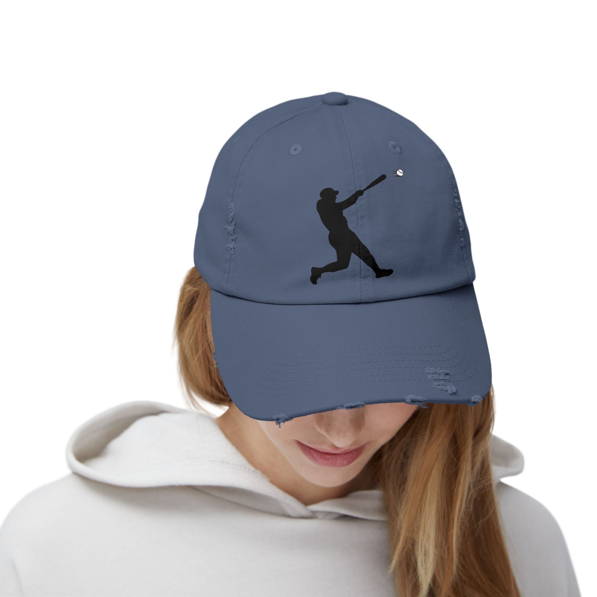 Distressed baseball cap with silhouette batter design, casual hat by Printify featuring a worn, vintage style.