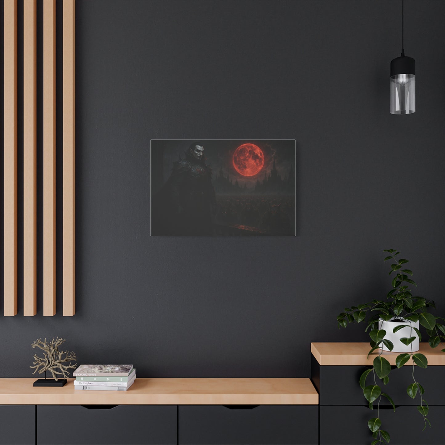 Red moon vampire lord matte canvas print showcasing a dark, mystical vampire figure against a red moon background.
