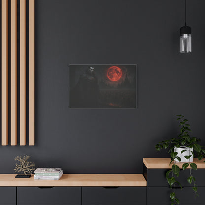 Red moon vampire lord matte canvas print showcasing a dark, mystical vampire figure against a red moon background.