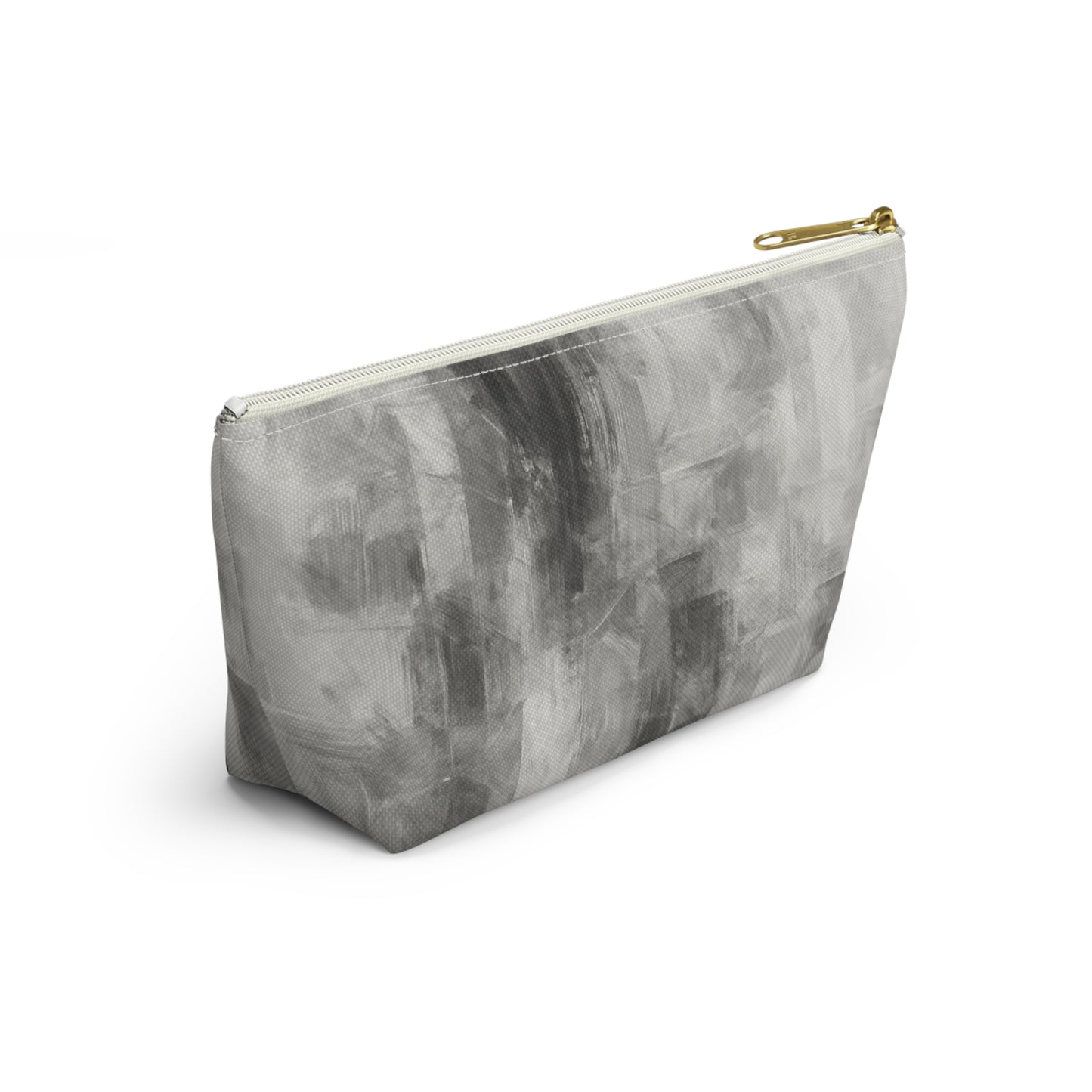 Gray abstract brushstroke accessory pouch from Printify, featuring artistic design and compact bag style for storage.