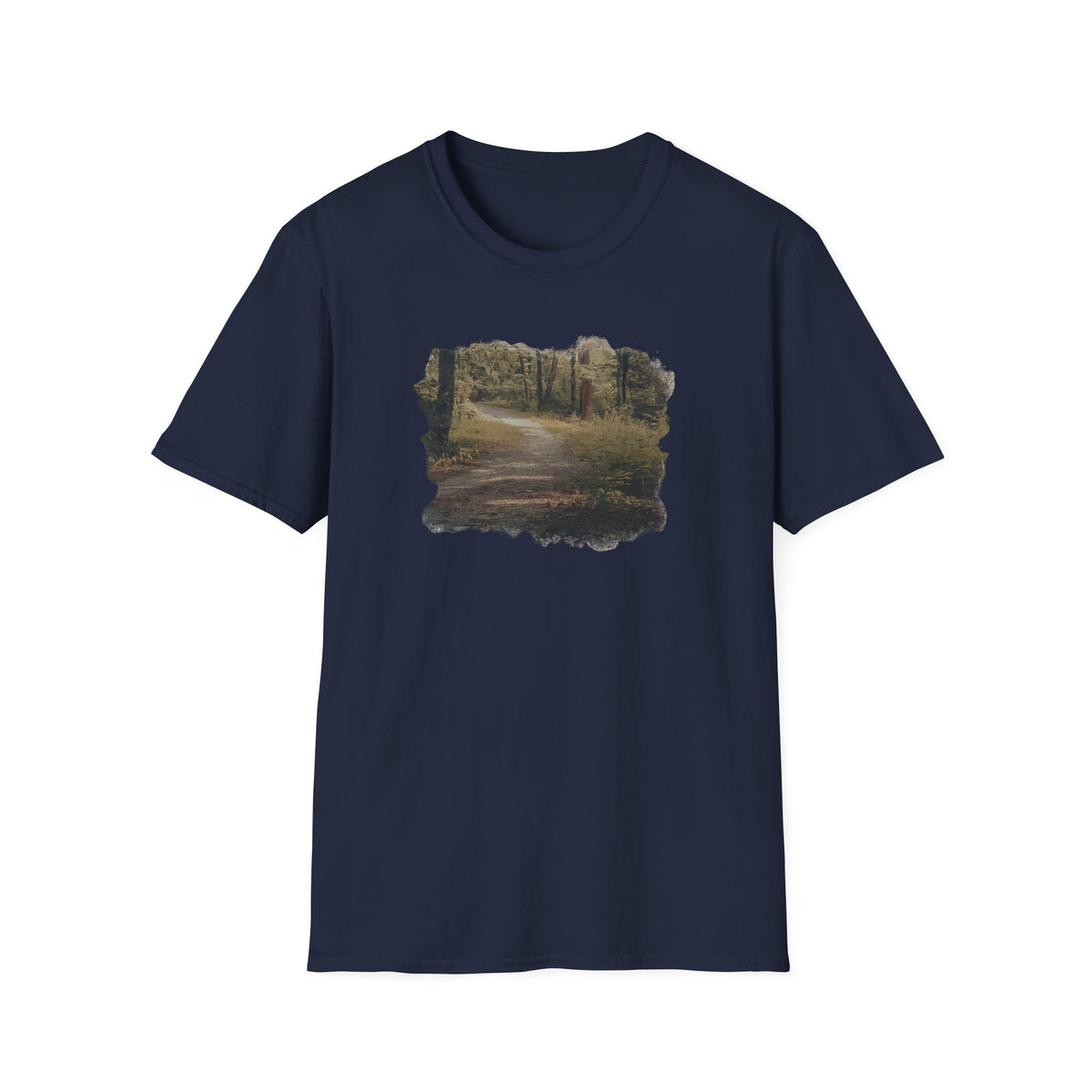 Vintage forest landscape T-shirt featuring a nature pathway design by Printify, with detailed tree and pathway imagery.
