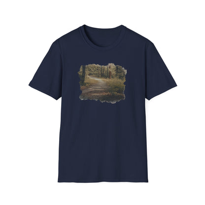 Vintage forest landscape T-shirt featuring a nature pathway design by Printify, with detailed tree and pathway imagery.