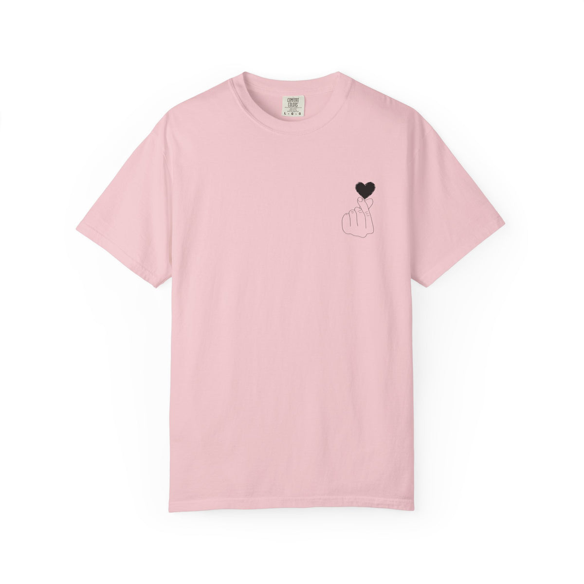 Black T-shirt with minimal heart graphic design, featuring a finger heart symbol on the front, by Printify.