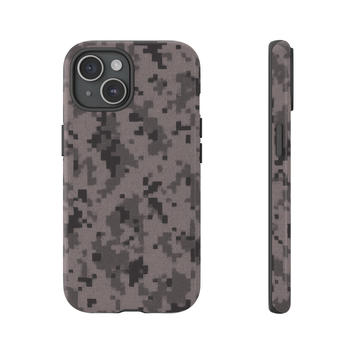 Gray digital camouflage phone case by Printify, featuring tough protective cover for smartphone protection and style.