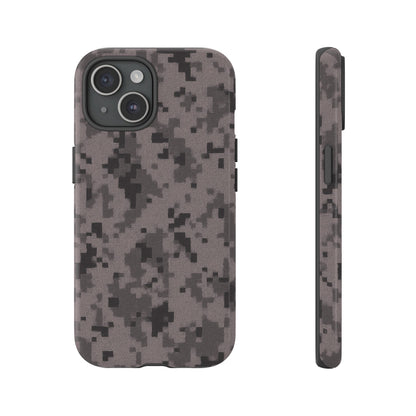 Gray digital camouflage phone case by Printify, featuring tough protective cover for smartphone protection and style.