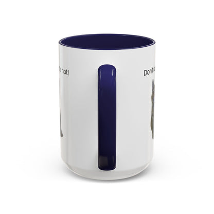 Ceramic cat coffee mug with "Don't rush, it's hot!" slogan, 11oz size, printed by Printify, featuring a playful cat design.