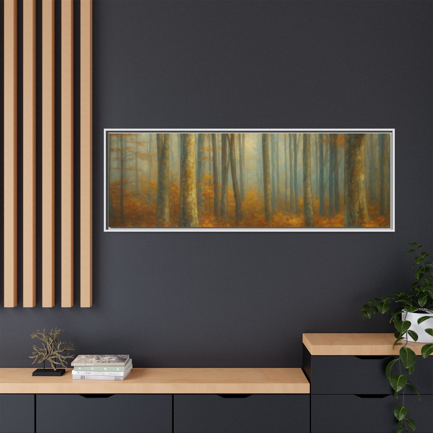 Framed autumn forest canvas print featuring a misty woodland scene, wall art suitable for living rooms or bedrooms.