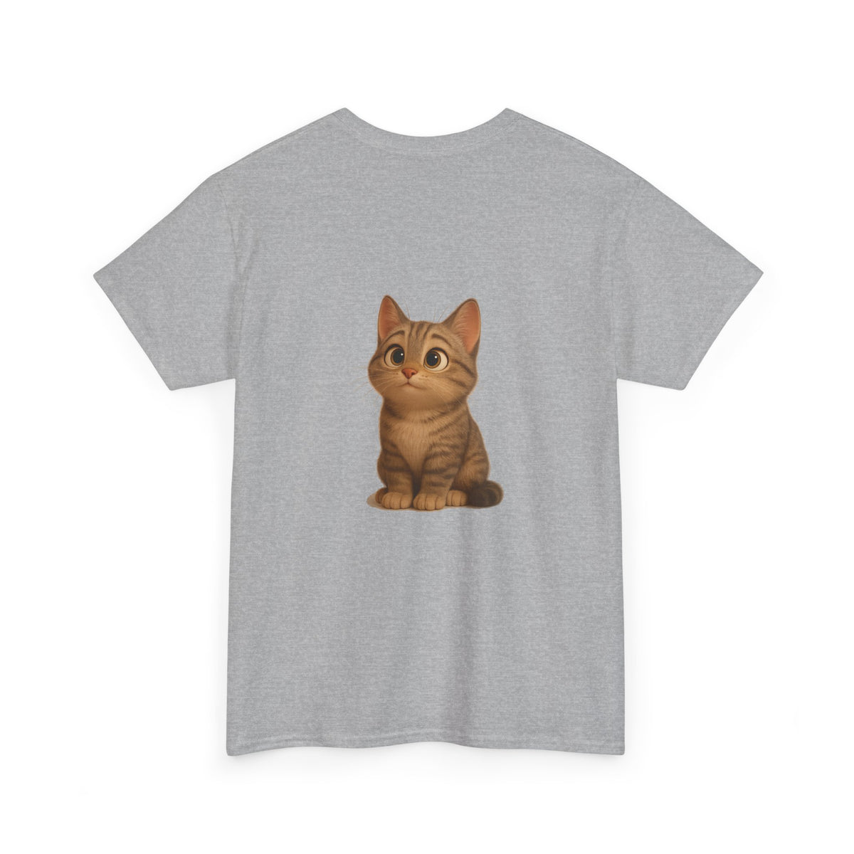 Cute brown kitten graphic on Printify cat lover T-shirt, showcasing a cozy, stylish design perfect for feline enthusiasts.