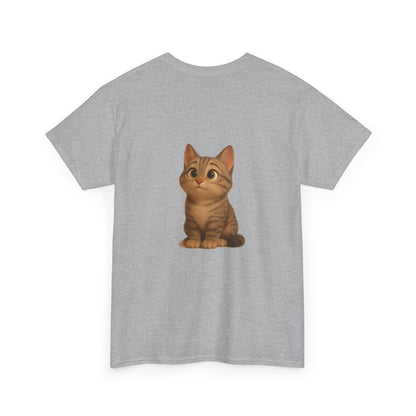 Cute brown kitten graphic on Printify cat lover T-shirt, showcasing a cozy, stylish design perfect for feline enthusiasts.