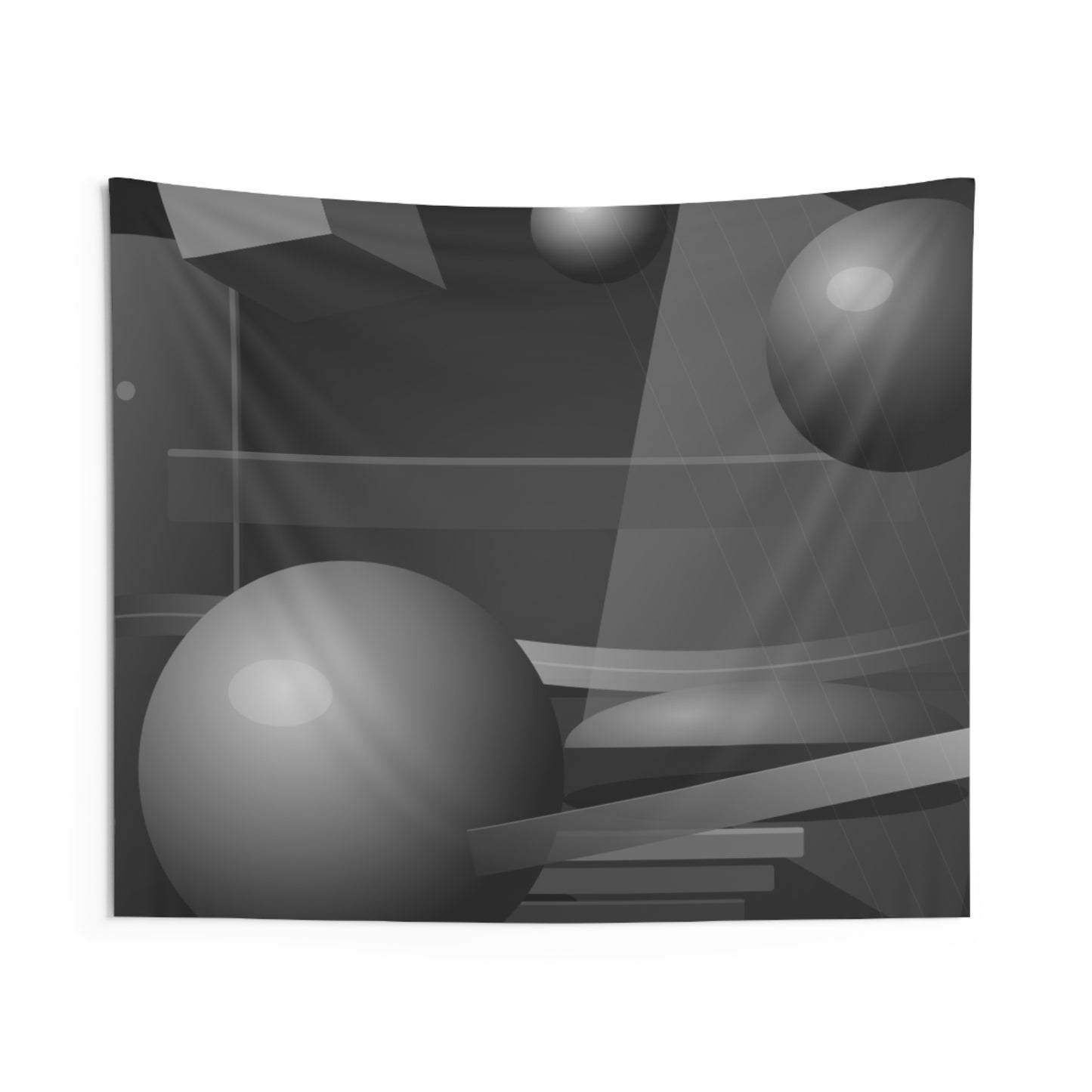 Abstract 3D Geometry Tapestry — Monochrome Floating Spheres & Cubes Wall Art