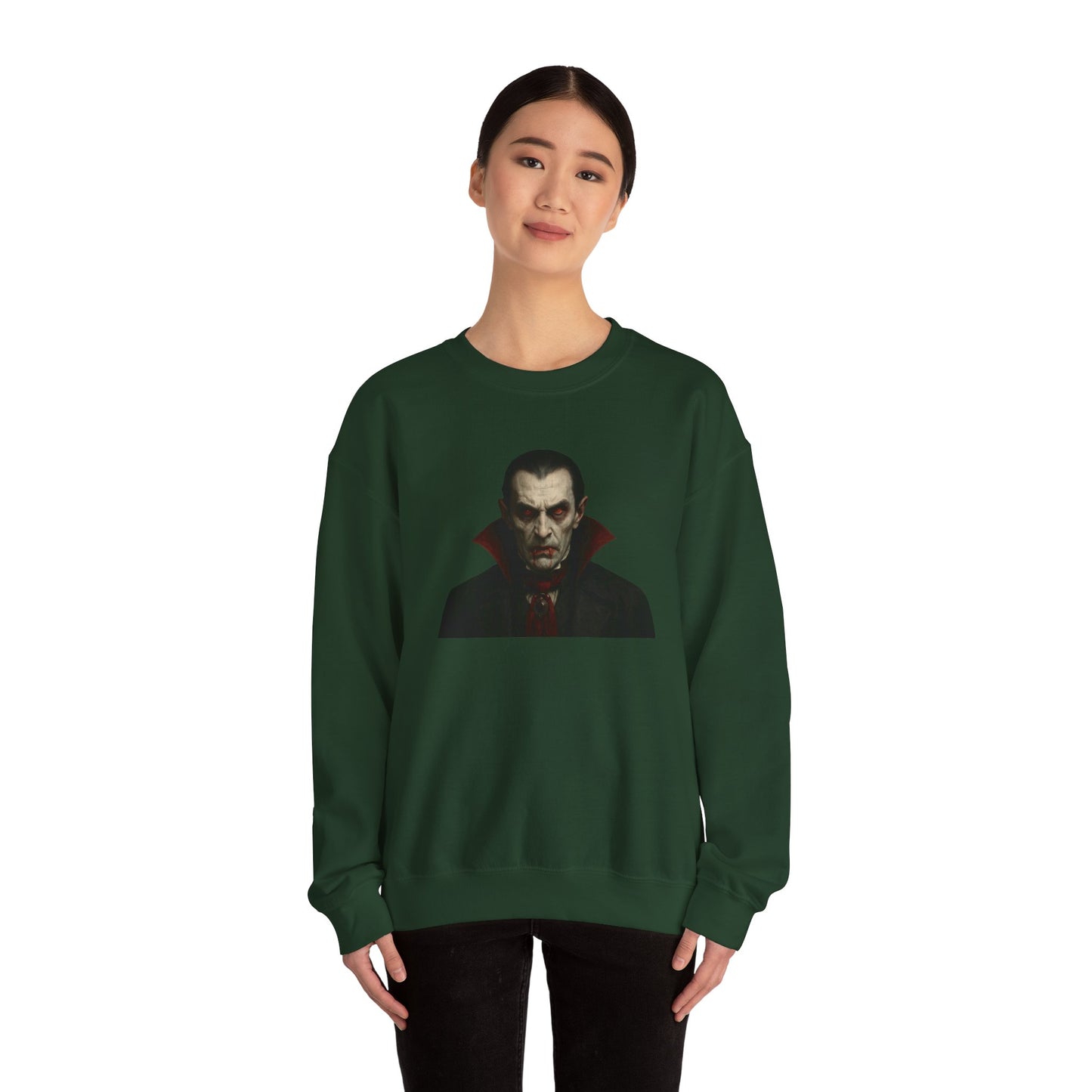 Vampire portrait crewneck sweatshirt by Printify featuring a detailed vampire illustration on a comfortable sweatshirt.