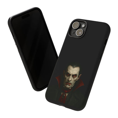 Gothic vampire portrait iPhone phone case featuring Dracula horror design, made by Printify for stylish protection.