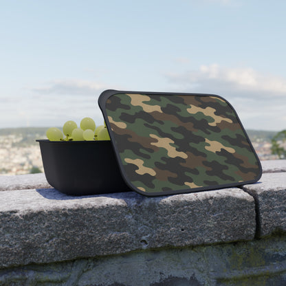 Camouflage PLA bento box with band and utensils, eco-friendly lunch container, accessories from Printify on a white background.