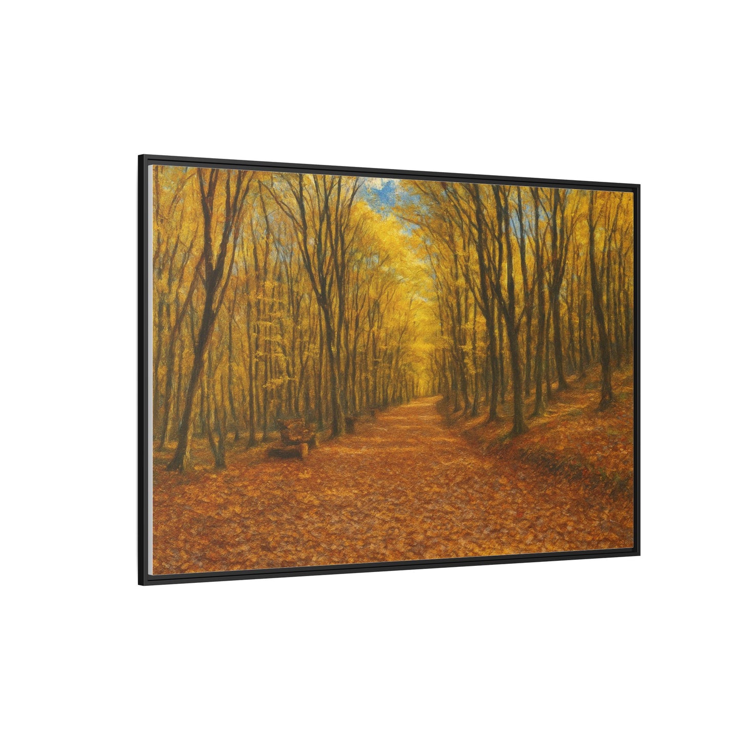 Autumn Forest Path matte canvas framed wall art by Printify showing a scenic forest pathway with fall foliage.