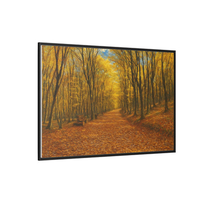 Autumn Forest Path matte canvas framed wall art by Printify showing a scenic forest pathway with fall foliage.