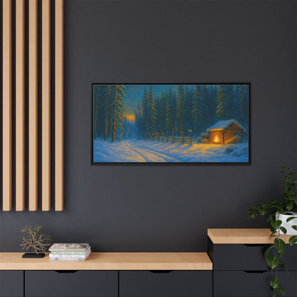 Cozy winter cabin canvas wall art by Printify featuring a snowy forest evening scene in a matte framed design.