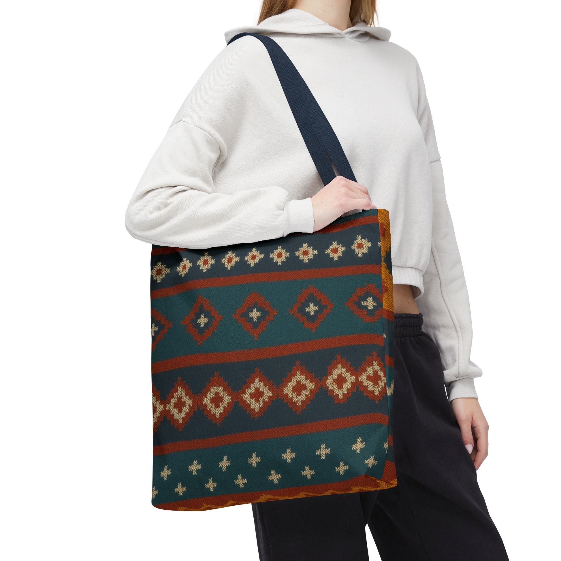Southwestern diamond pattern tote bag with Aztec tribal geometric print, made by Printify, showcasing its colorful fabric design.