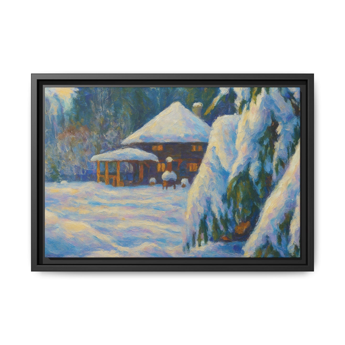 Framed matte canvas wall art of a snowy cabin winter landscape, showcasing a cozy cabin surrounded by snow-covered trees.