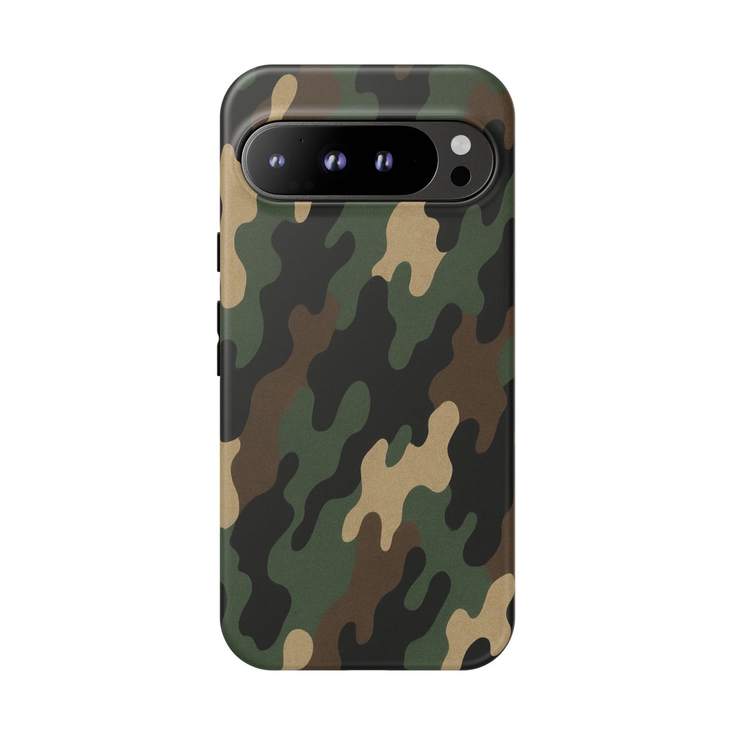 Rugged camouflage Printify Tough Phone Case protecting a smartphone with a durable camo design on a black background.