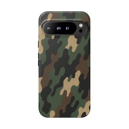 Rugged camouflage Printify Tough Phone Case protecting a smartphone with a durable camo design on a black background.