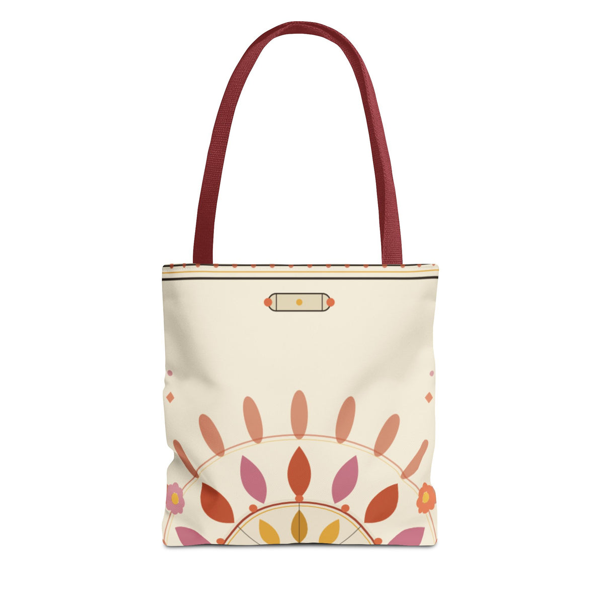 Boho floral mandala tote bag with pastel sunburst pattern, printed by Printify, featuring vibrant, colorful design on canvas tote bag.