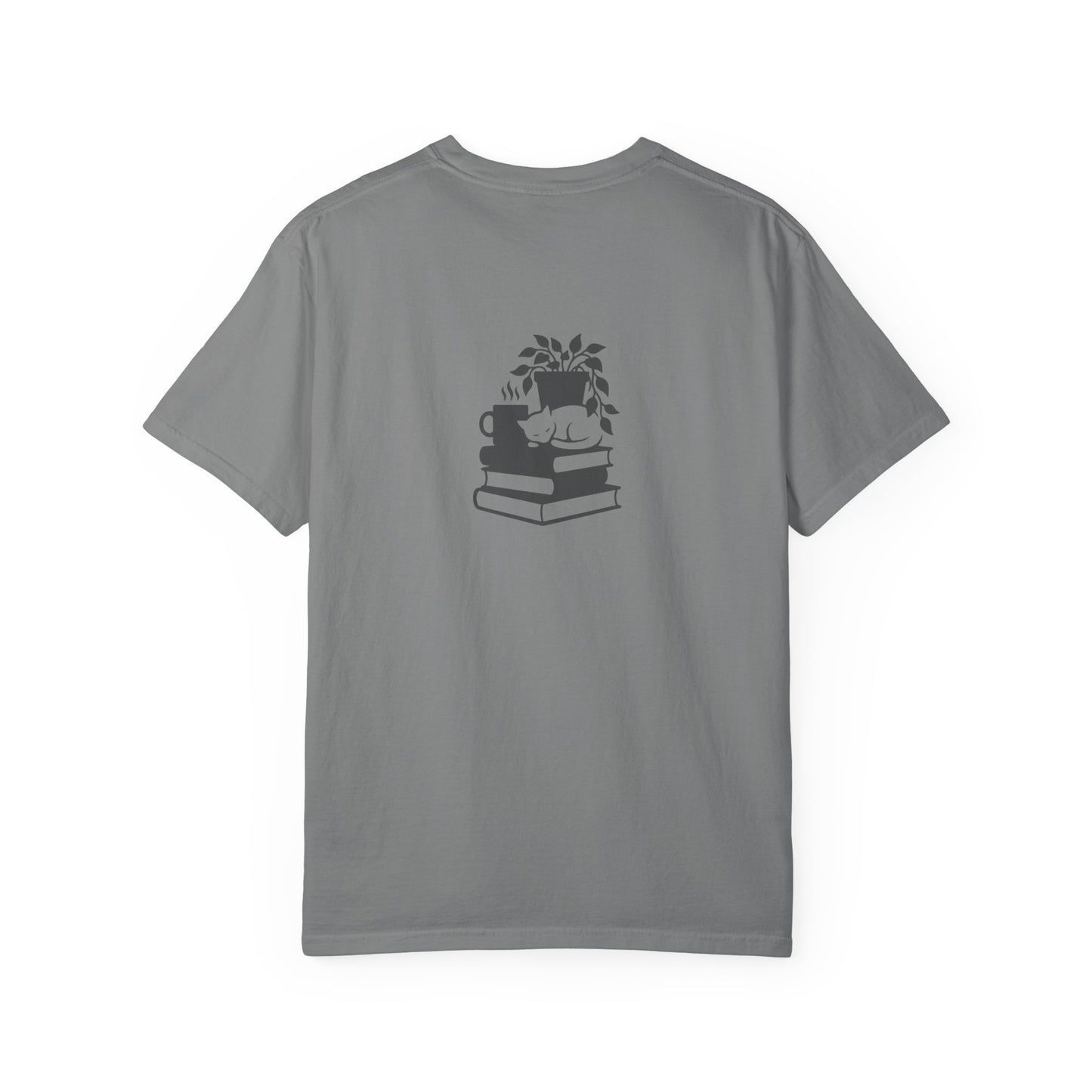 Cozy Cat on Books T-Shirt | Reading Tea Stack Illustration