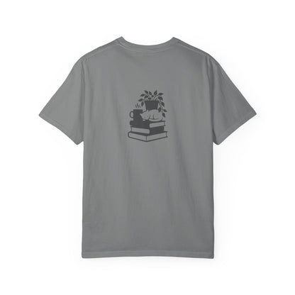 Cozy Cat on Books T-Shirt | Reading Tea Stack Illustration