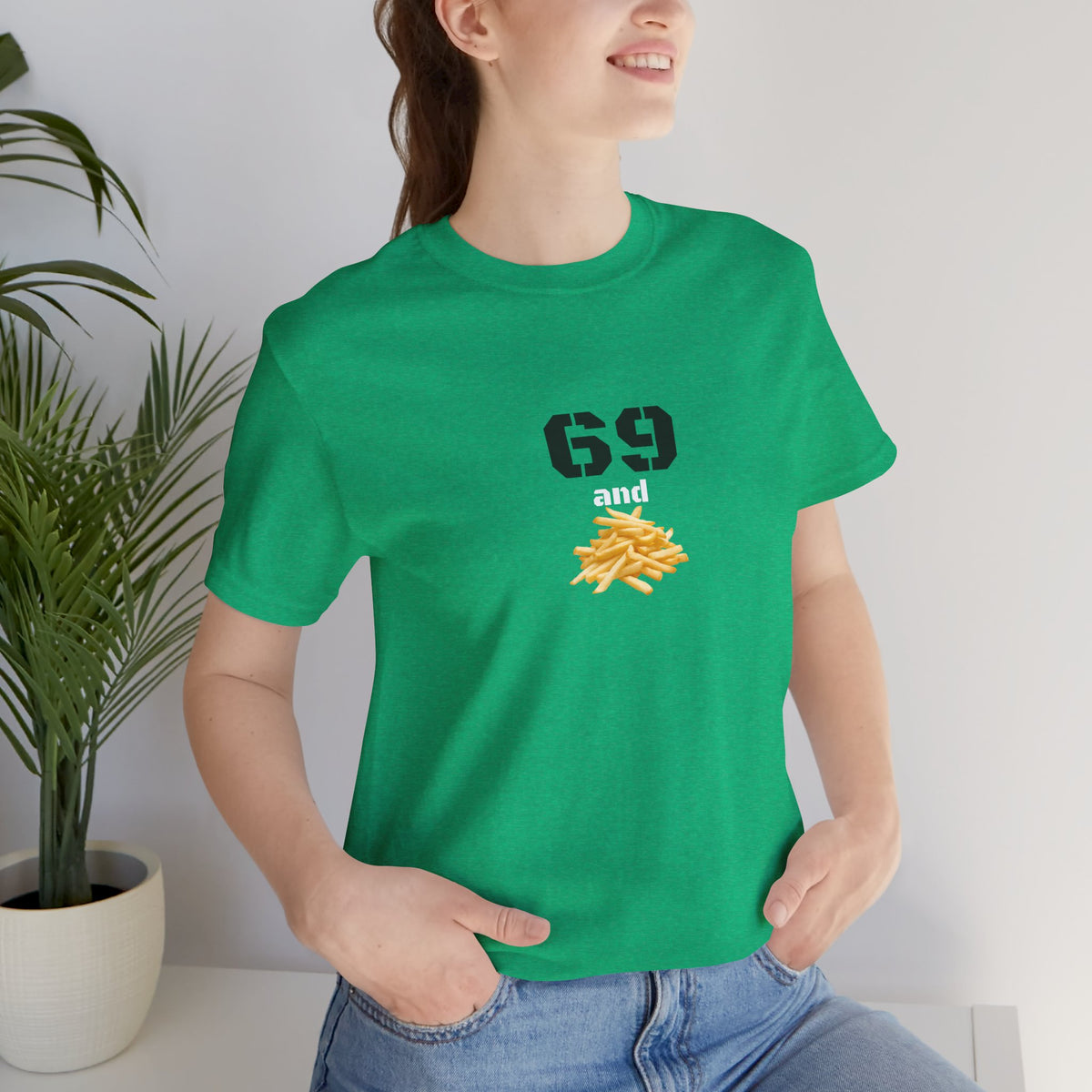 Unisex graphic T-shirt featuring a humorous 69 and French fries design, made by Printify, casual and playful clothing.