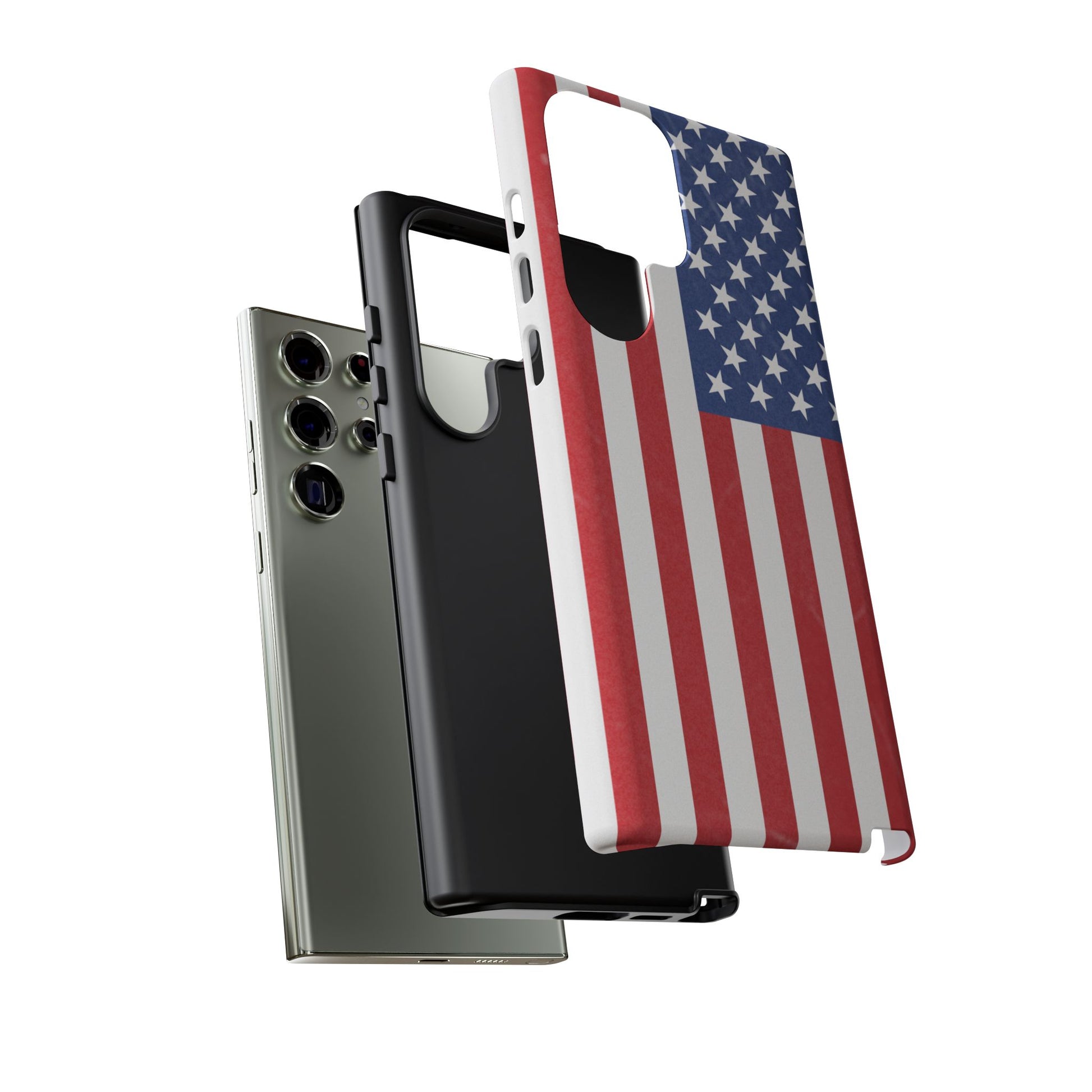 Durable American flag phone case for iPhone by Printify, featuring patriotic design and rugged protection.