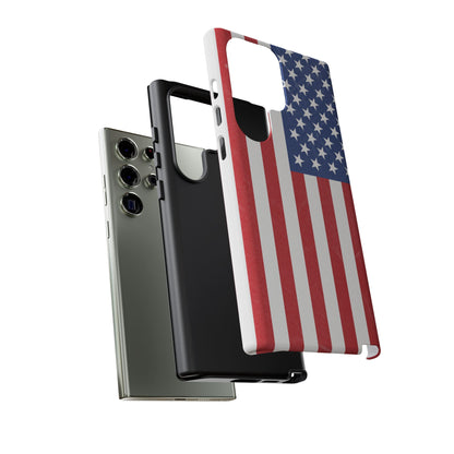 Durable American flag phone case for iPhone by Printify, featuring patriotic design and rugged protection.