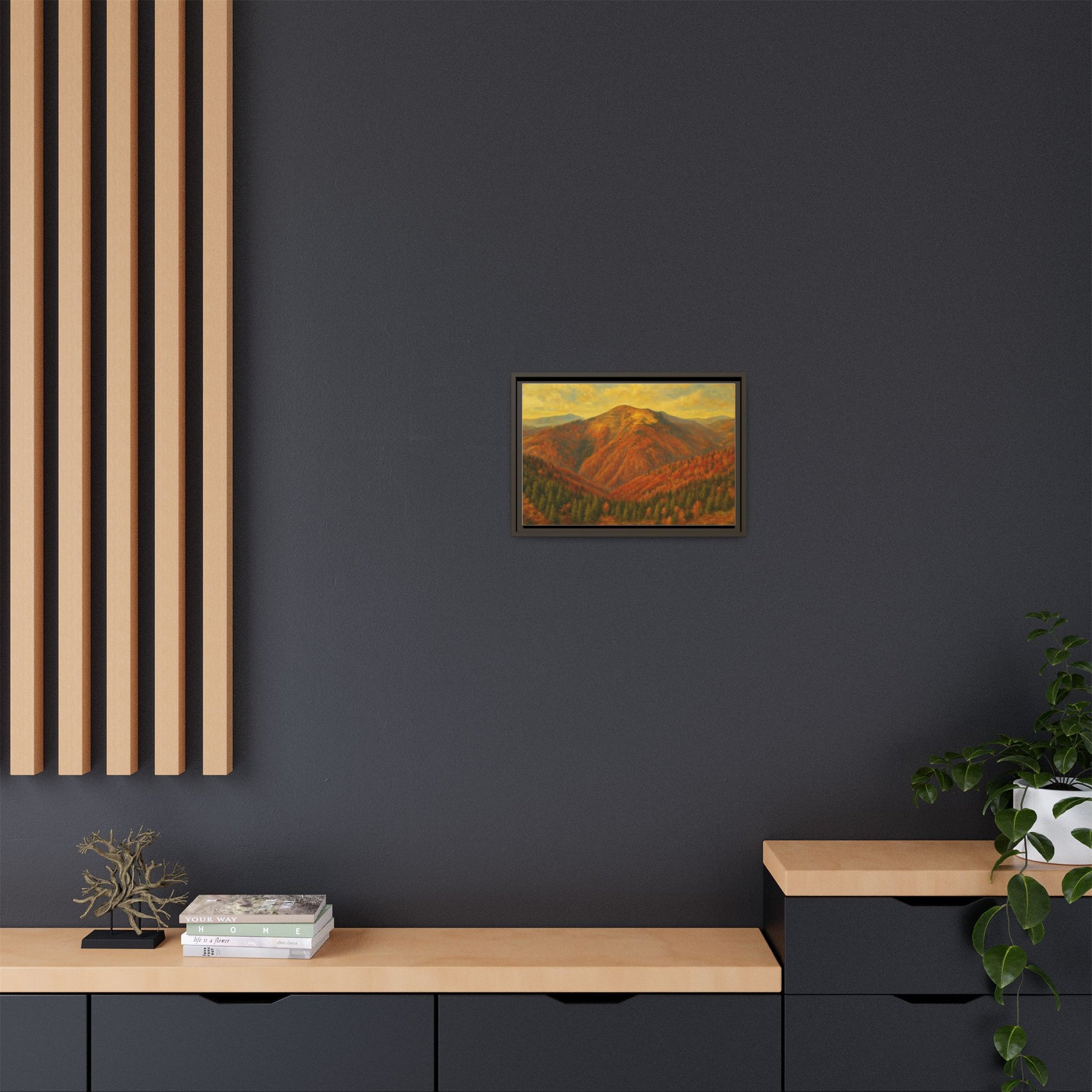 Autumn mountain matte canvas framed wall art by Printify featuring a scenic mountain landscape with warm fall colors.