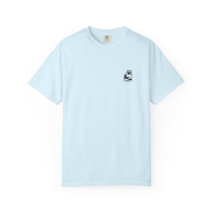 Cozy Cat on Books T-Shirt | Reading Tea Stack Illustration