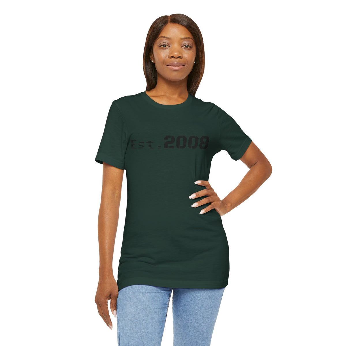 Black graphic T-shirt by Printify with "Established 2008" and minimal design, made from soft fabric, shown on a flat surface.