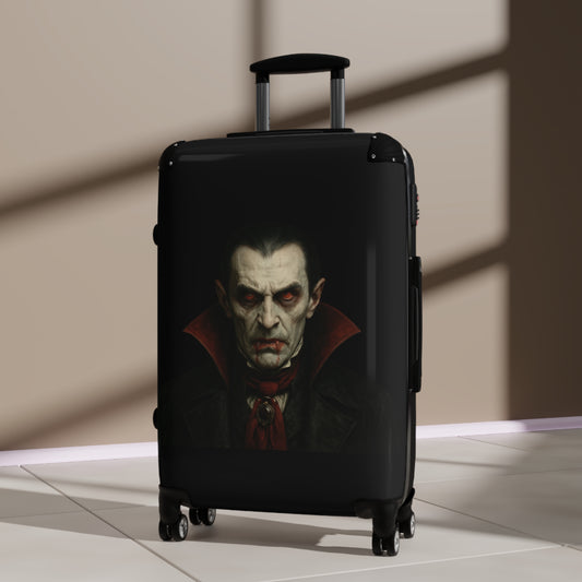Gothic vampire portrait carry-on suitcase by Printify featuring Dracula-inspired design for Halloween travel luggage.