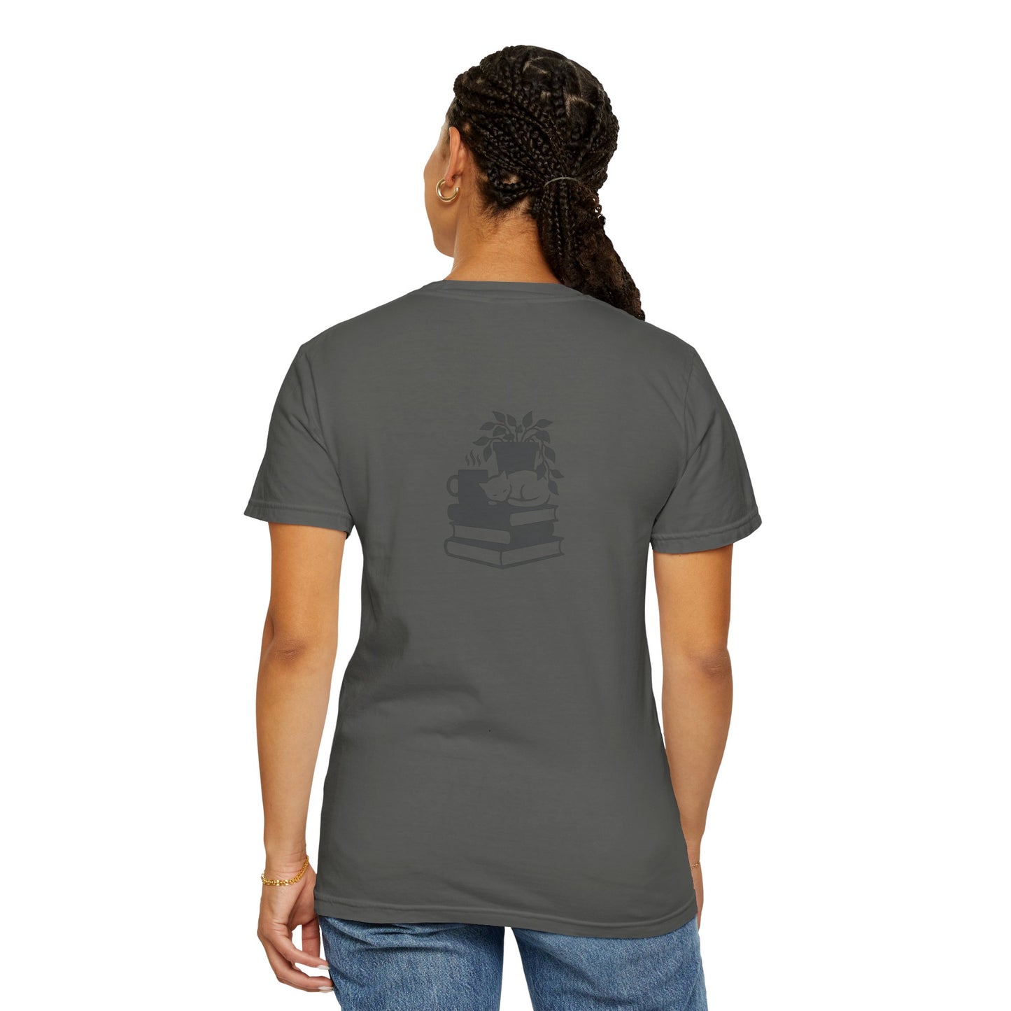 Cozy Cat on Books T-Shirt | Reading Tea Stack Illustration
