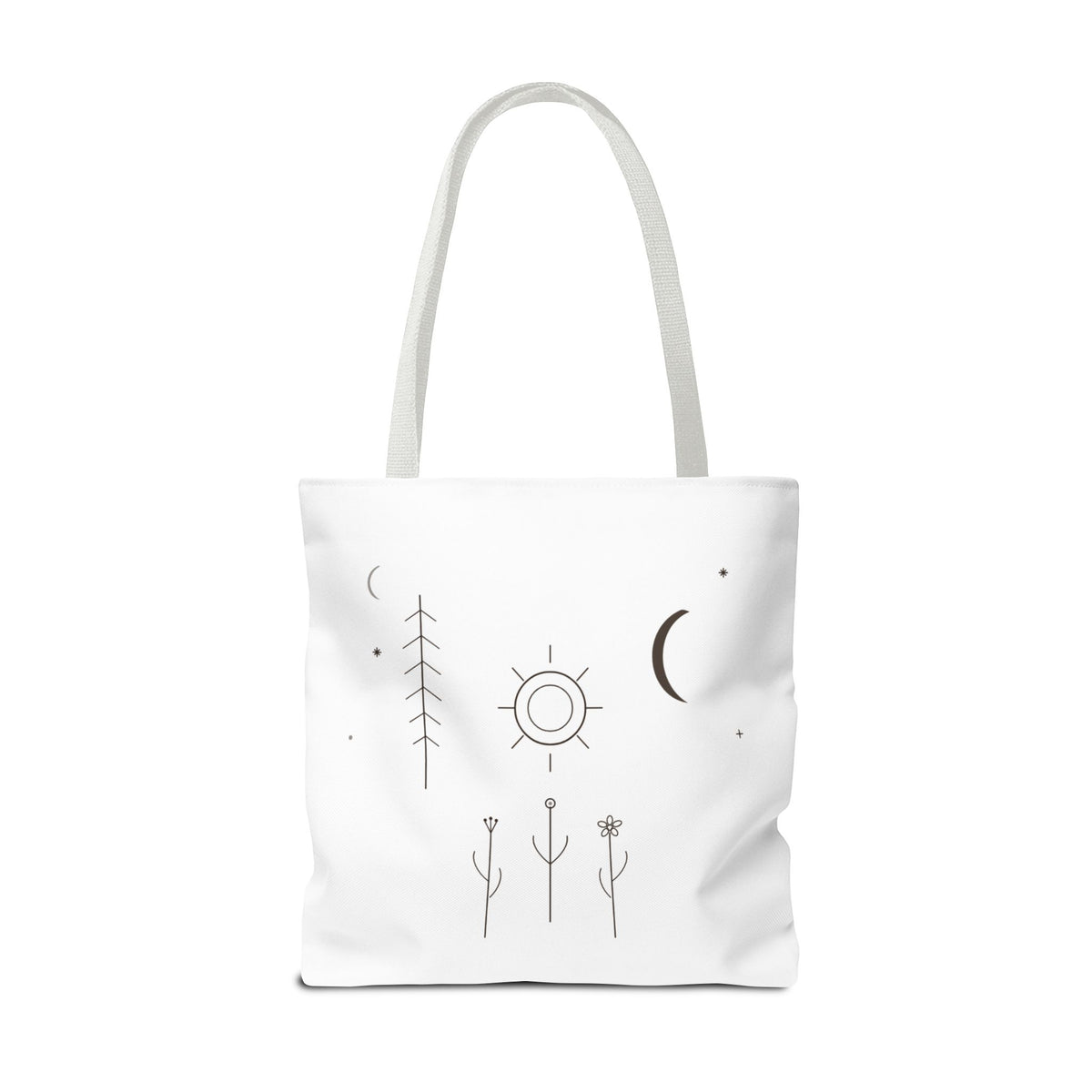 Minimal Moon and Sun botanical tote bag with celestial line art design by Printify, featuring natural botanical and celestial motifs.
