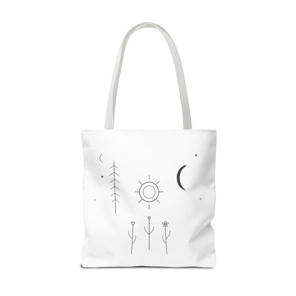 Minimal Moon and Sun botanical tote bag with celestial line art design by Printify, featuring natural botanical and celestial motifs.
