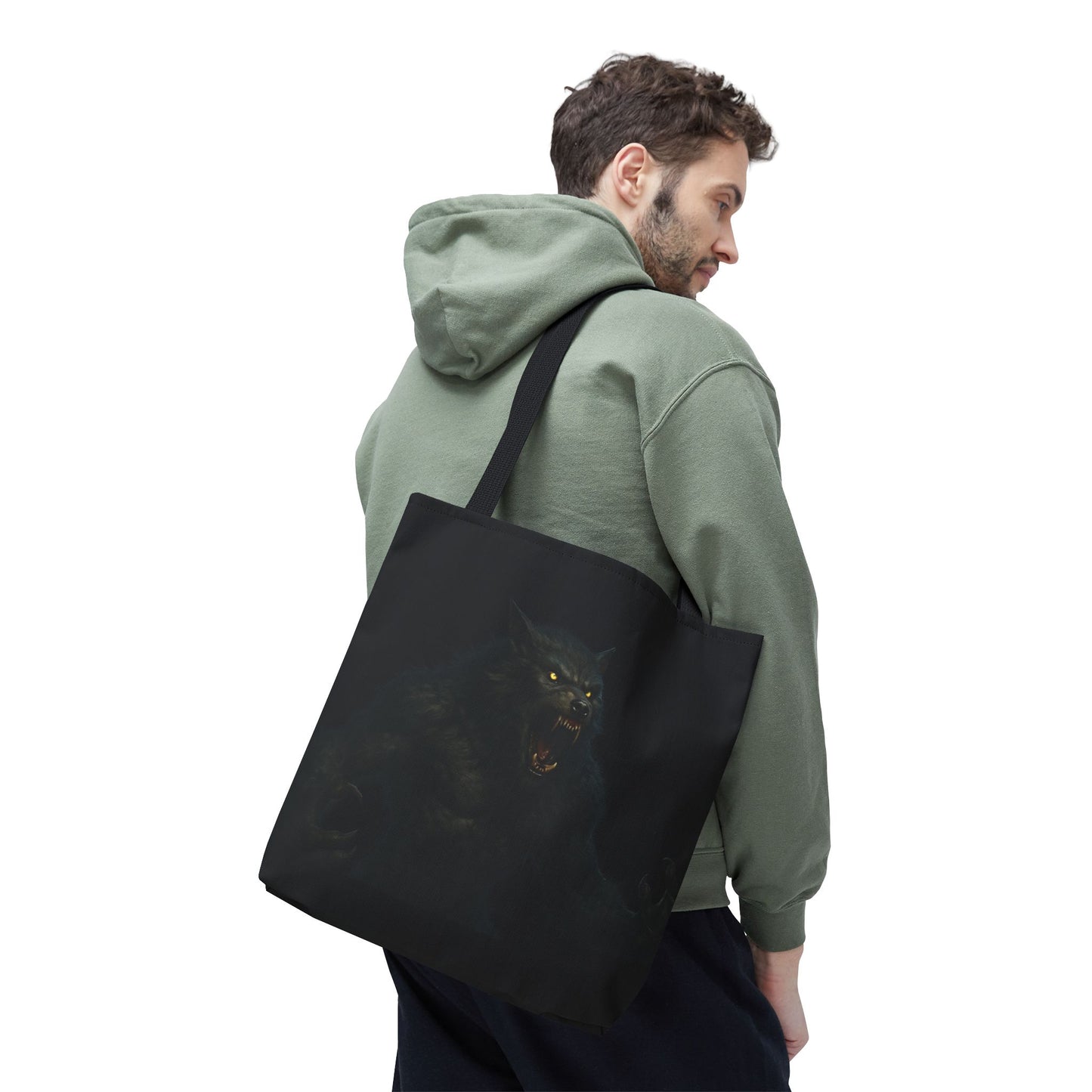 Werewolf tote bag featuring dark Halloween art, perfect for horror fans, made by Printify. Durable fabric with spooky design.