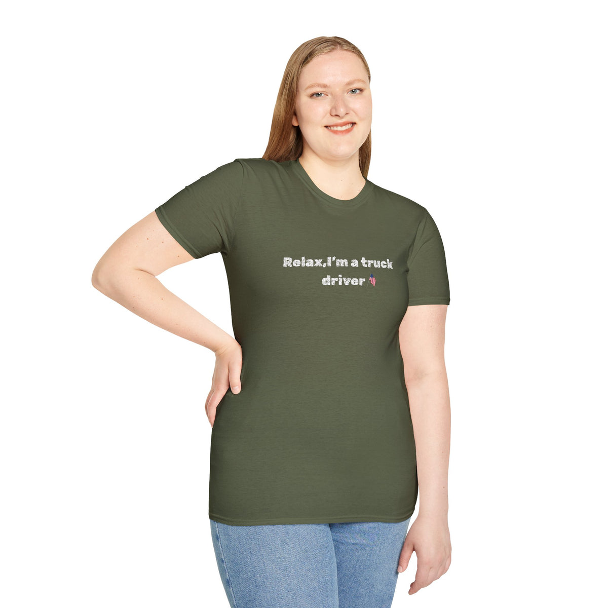 Funny pink heart truck driver T-shirt by Printify featuring humorous text and casual fit for truck drivers.
