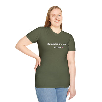 Funny pink heart truck driver T-shirt by Printify featuring humorous text and casual fit for truck drivers.