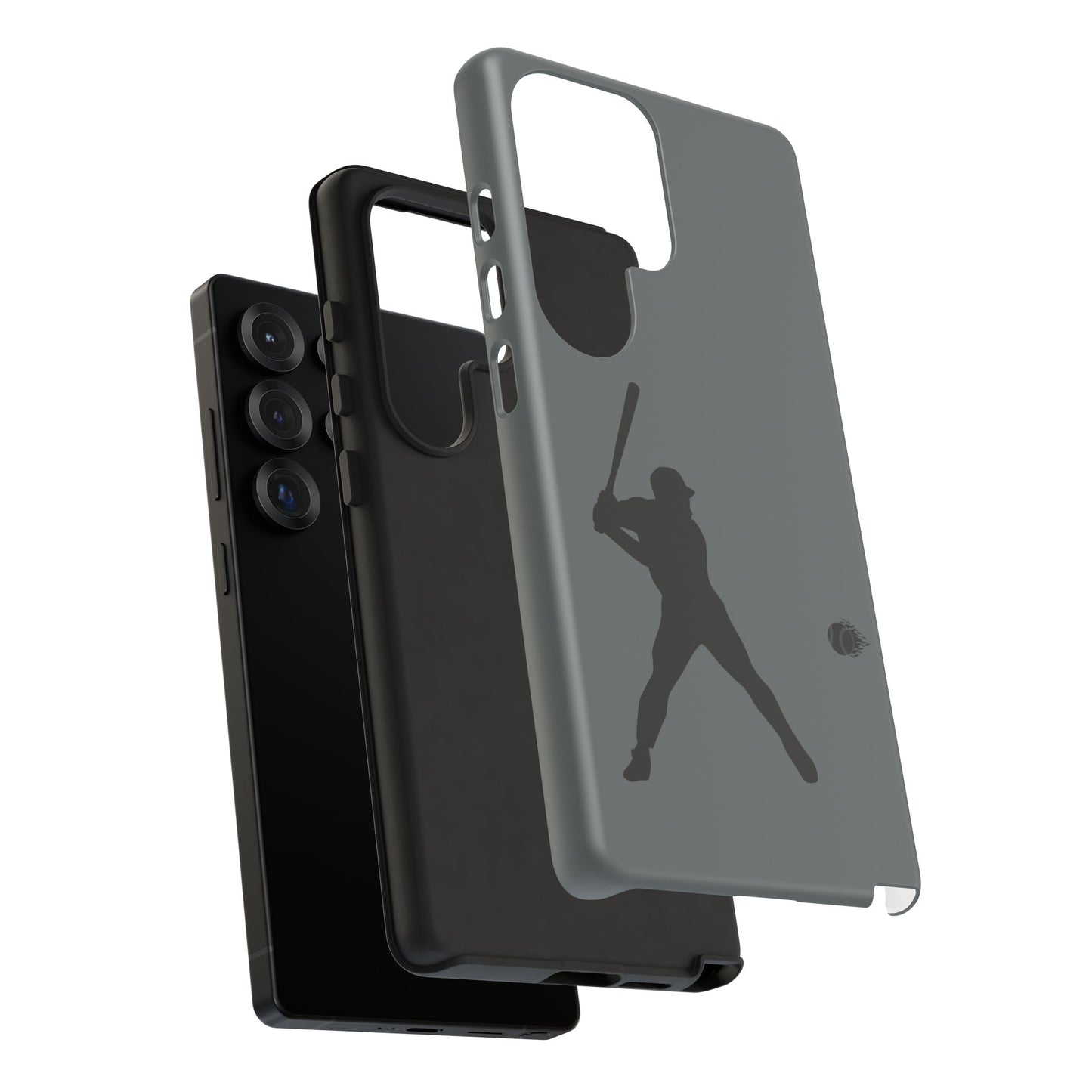 Black Printify baseball silhouette tough phone case on a smartphone, providing sporty protection for iPhone models.