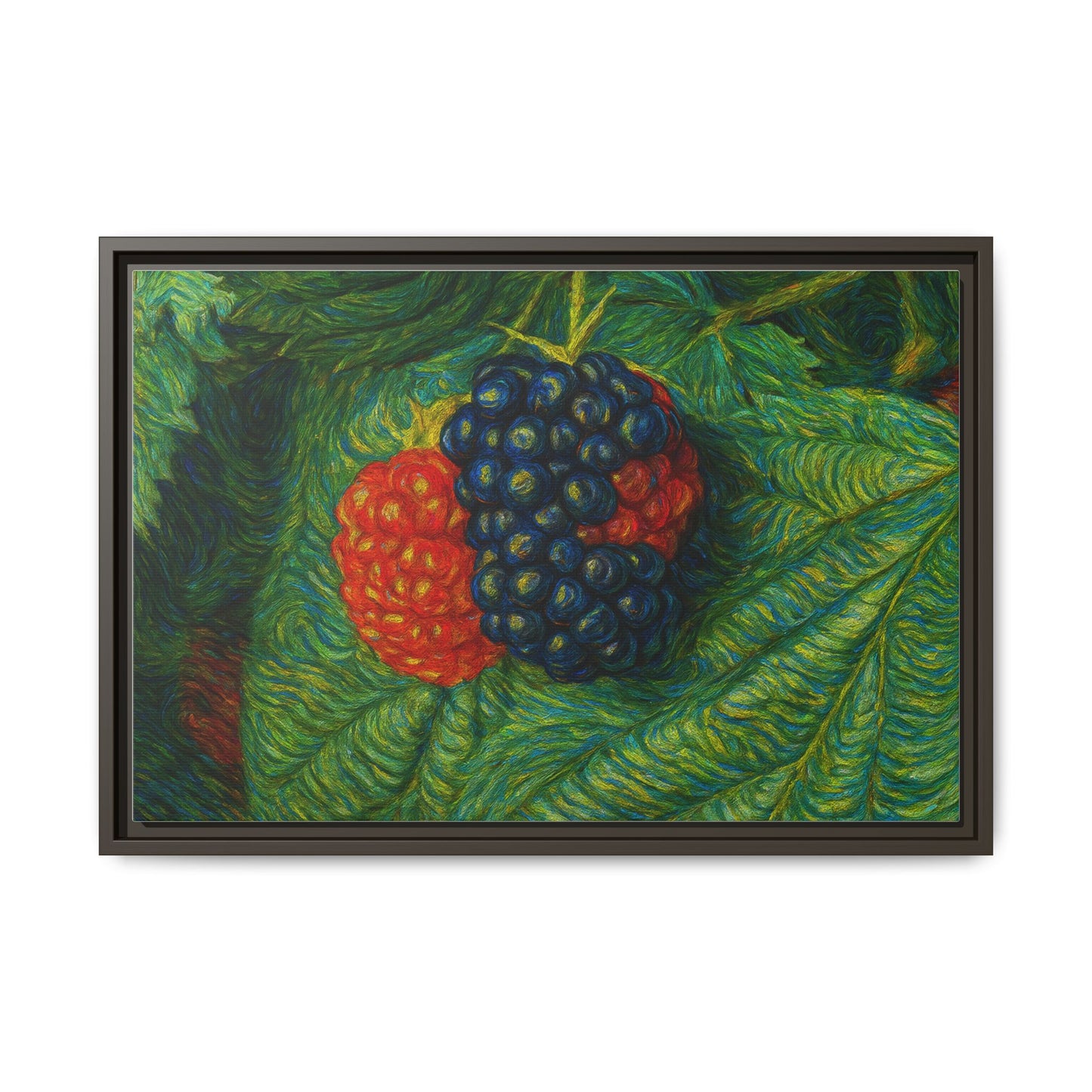 Blackberry still life framed canvas print by Printify featuring a vibrant, detailed illustration of blackberries on a canvas wall art piece.
