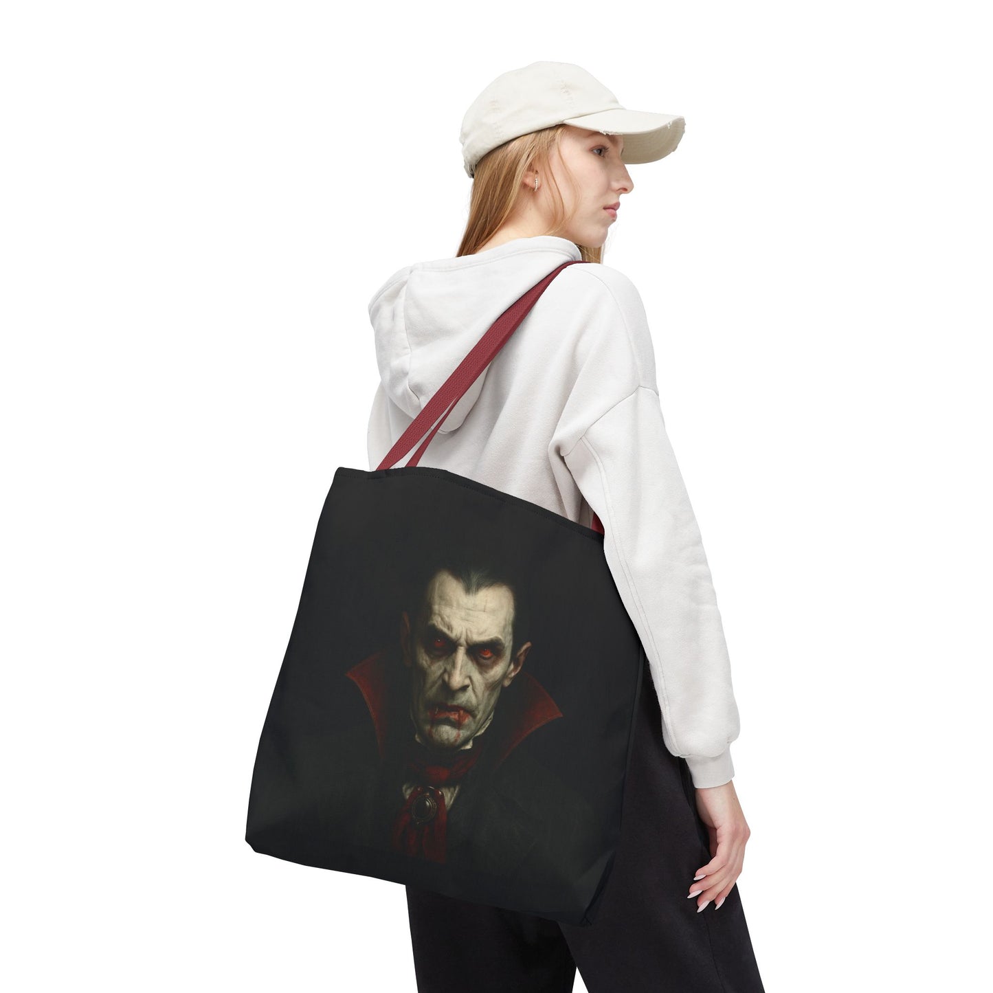 Black vampire tote bag featuring spooky gothic design, perfect for Halloween accessories and gothic fashion styles.